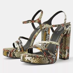 Zara Women Strappy Snakeskin Wedge High Heeled Platform Sandals Shoes 38 8